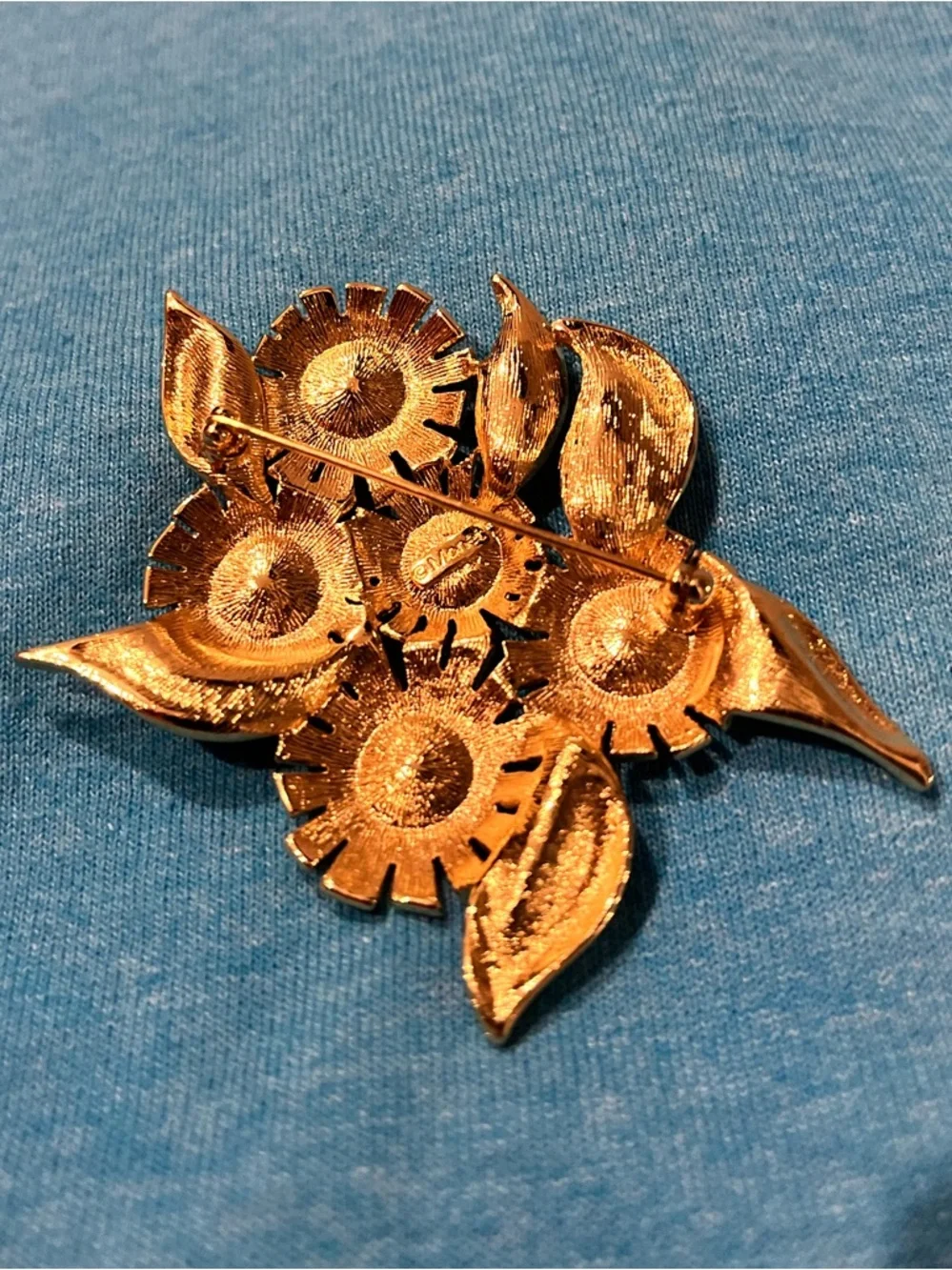 Monet Gold Floral Brooch with Pink, Yellow, Black, Orange and White Cabochons - Picture 3 of 3